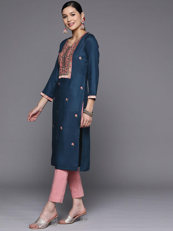 Teal Yoke Design Wool Straight Kurta - Libas