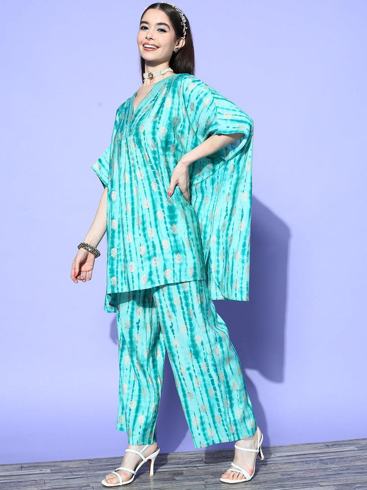 Turquoise Blue Dyed Silk Blend Kaftan Kurta Set With Palazzos - ShopLibas