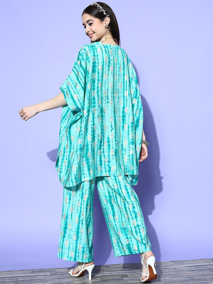 Turquoise Blue Dyed Silk Blend Kaftan Kurta Set With Palazzos - ShopLibas