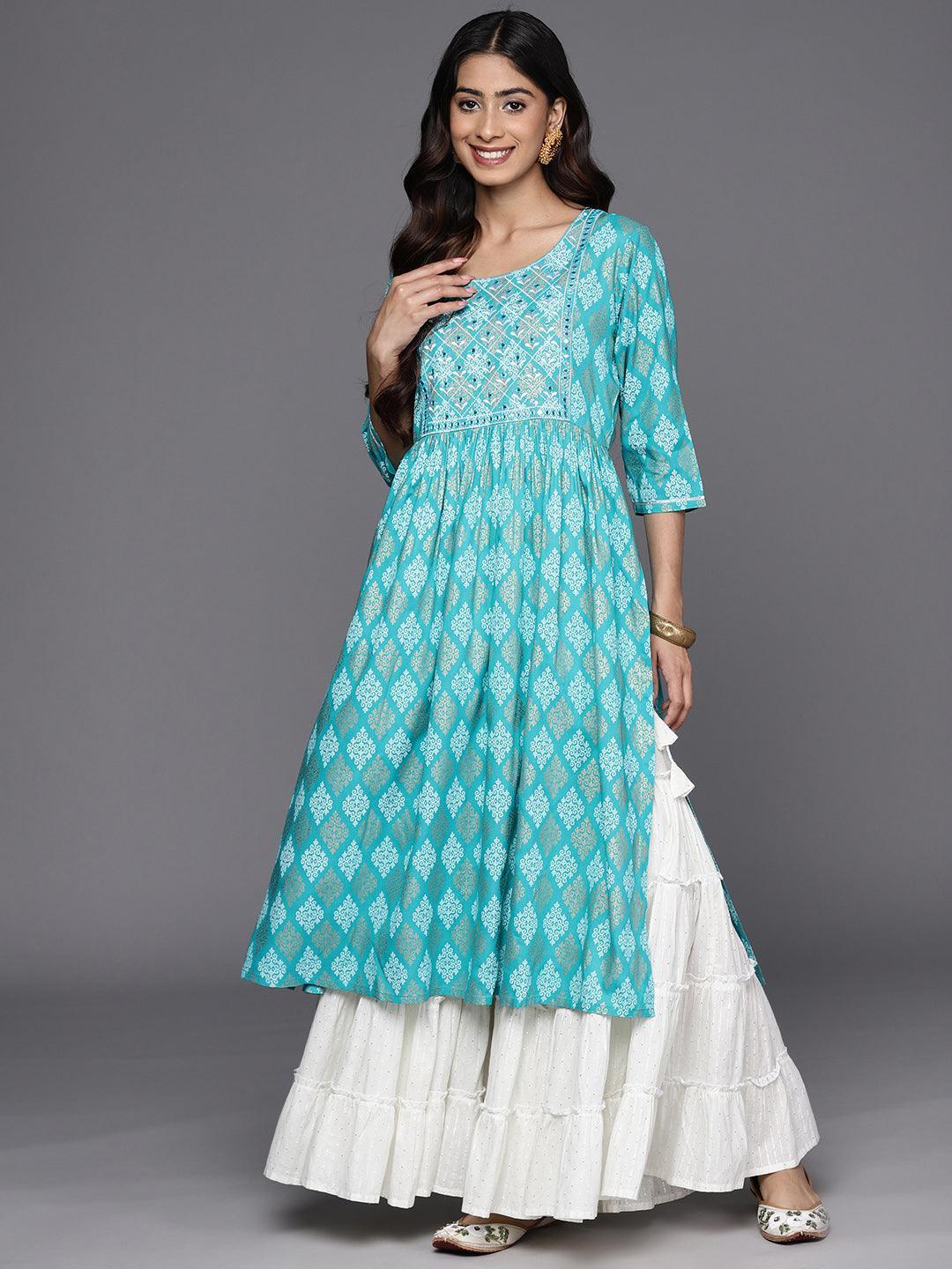 Turquoise Blue Embellished Rayon A-Line Kurta - ShopLibas