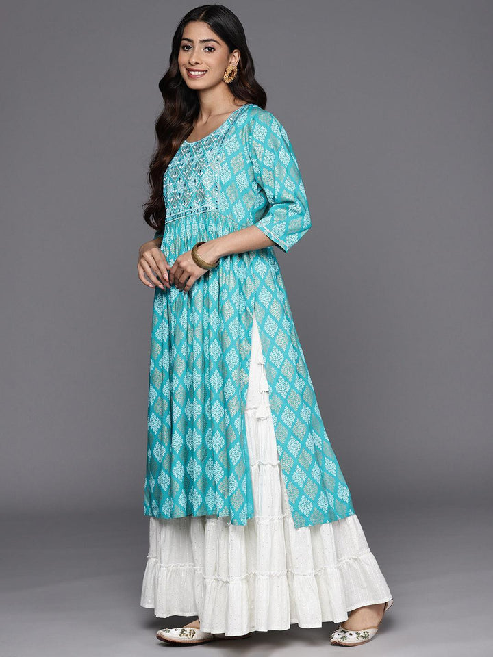 Turquoise Blue Embellished Rayon A-Line Kurta - ShopLibas