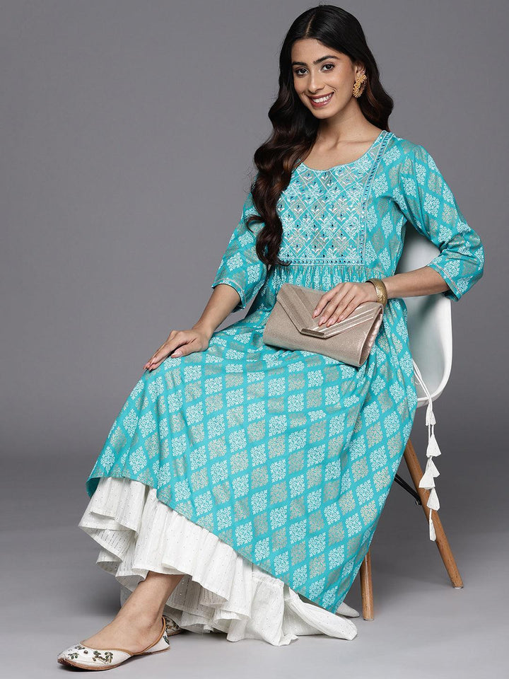 Turquoise Blue Embellished Rayon A-Line Kurta - ShopLibas