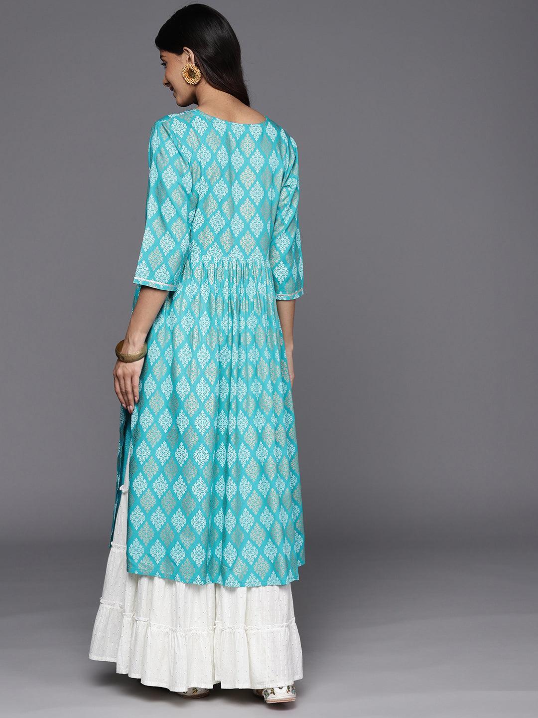 Turquoise Blue Embellished Rayon A-Line Kurta - ShopLibas