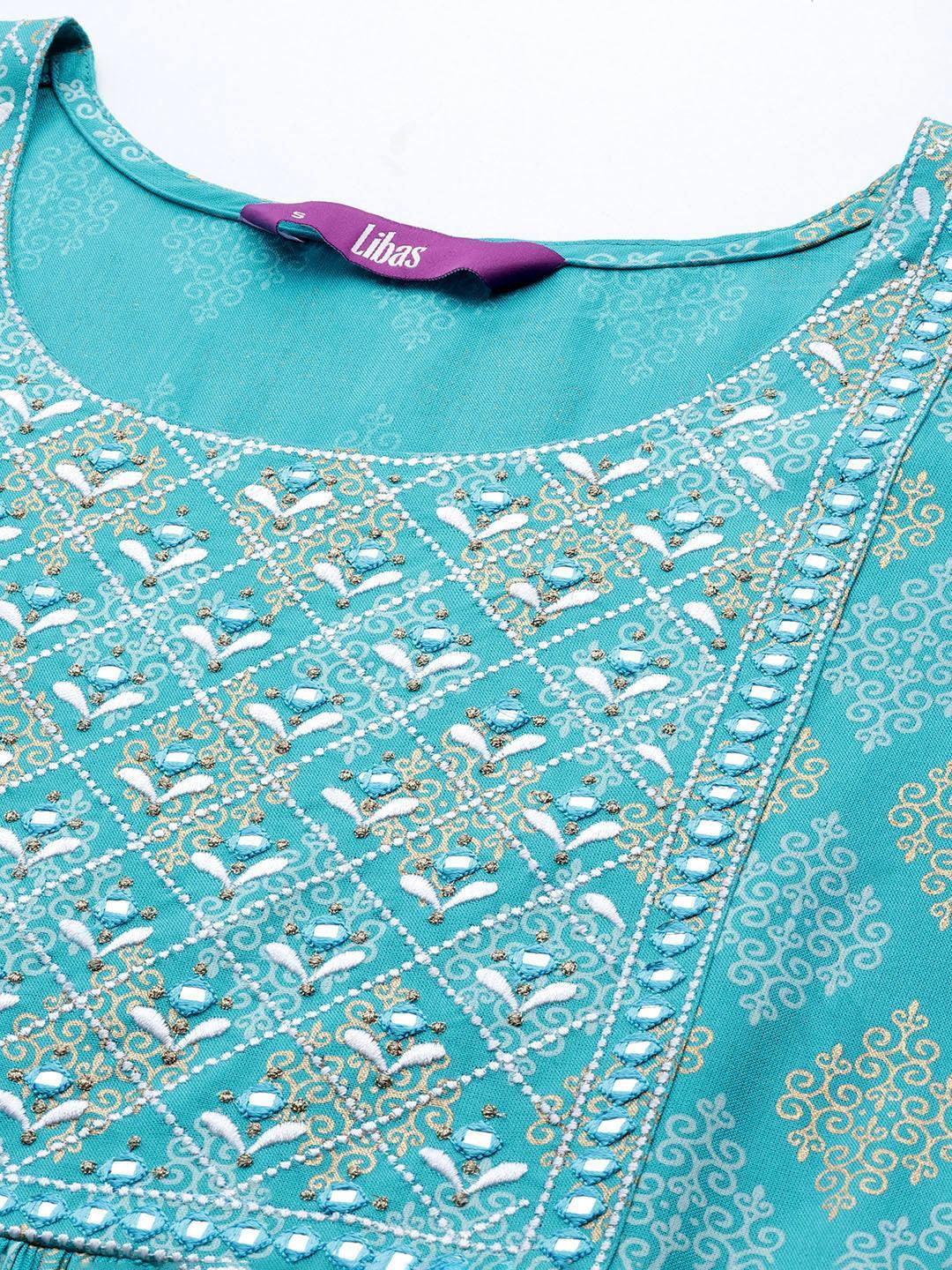 Turquoise Blue Embellished Rayon A-Line Kurta - ShopLibas