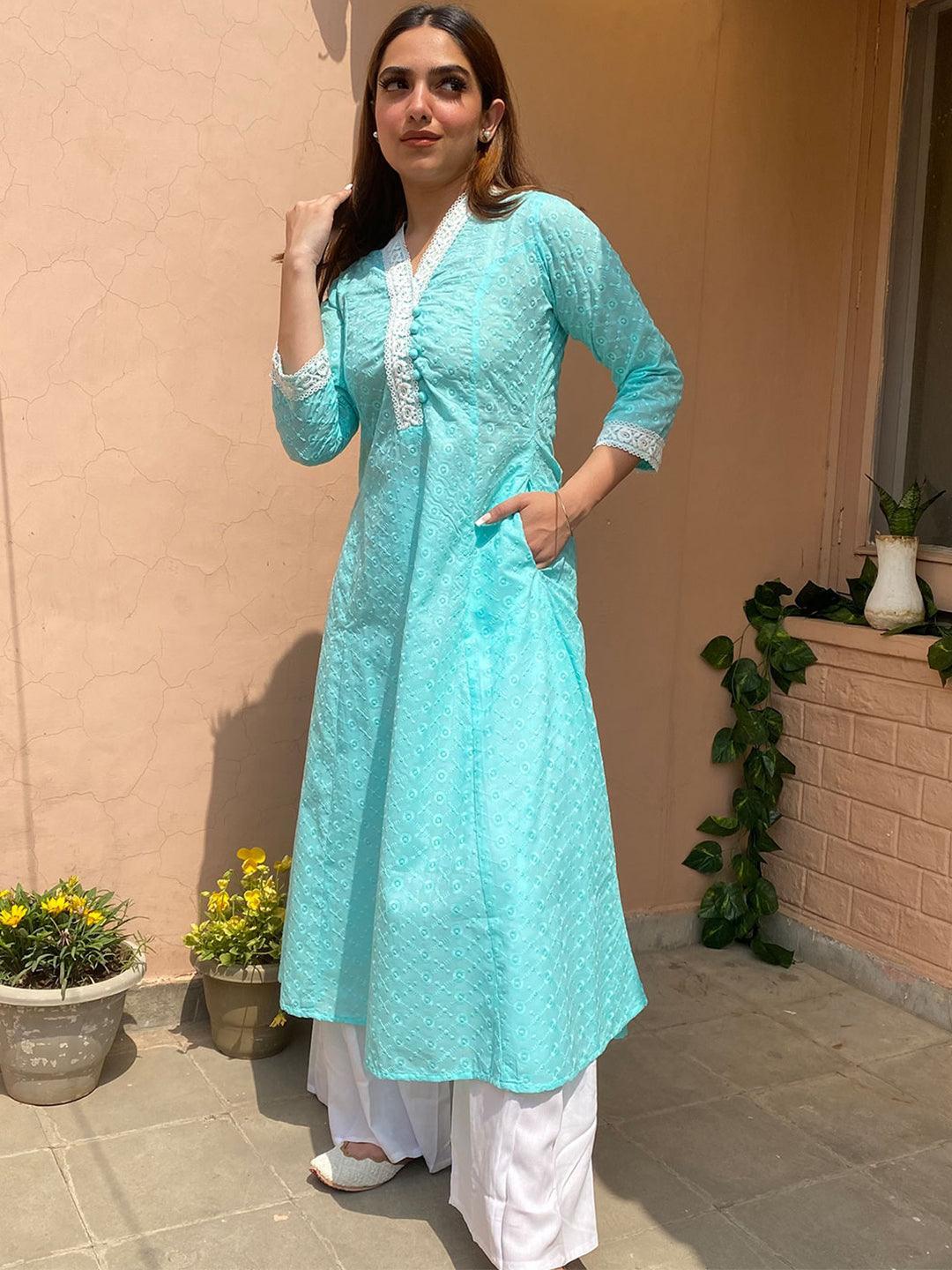 Turquoise Blue Embroidered Cotton Kurta