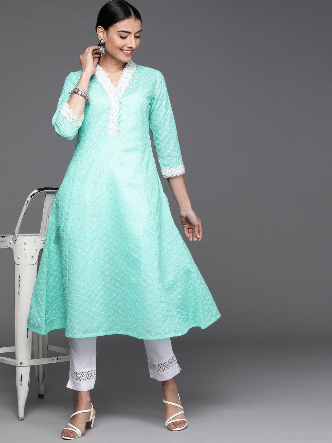 Turquoise Blue Embroidered Cotton Kurta