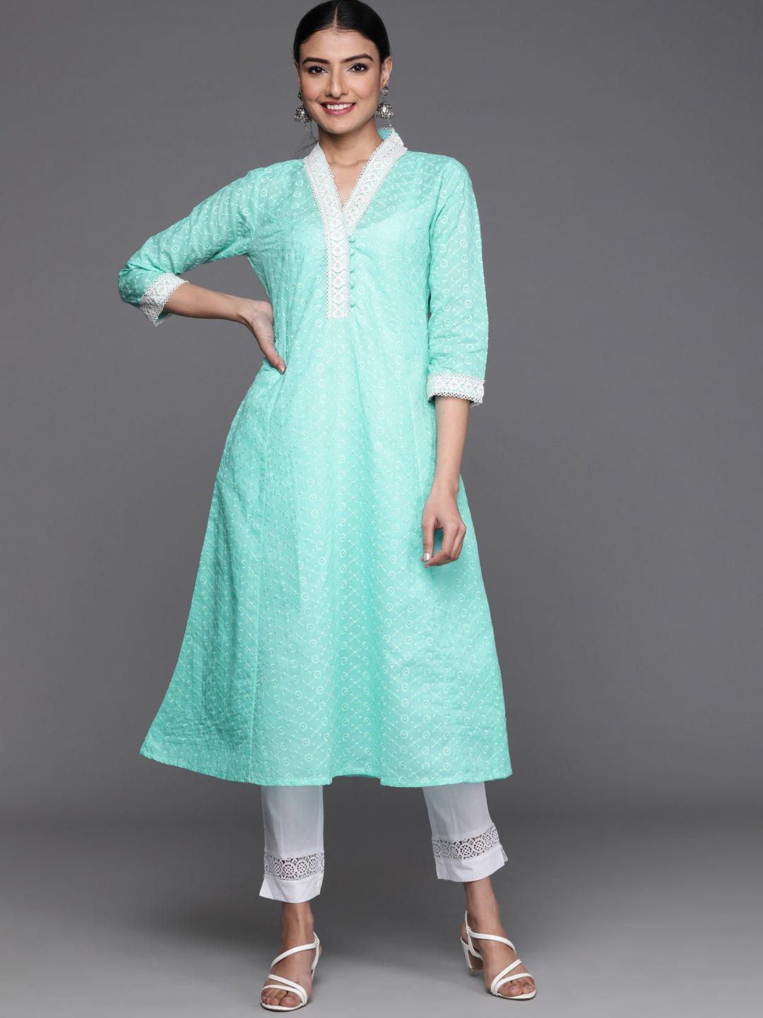 Turquoise Blue Embroidered Cotton Kurta