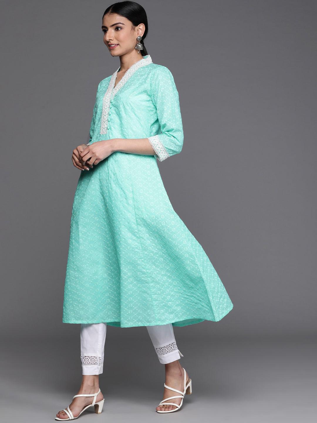 Turquoise Blue Embroidered Cotton Kurta