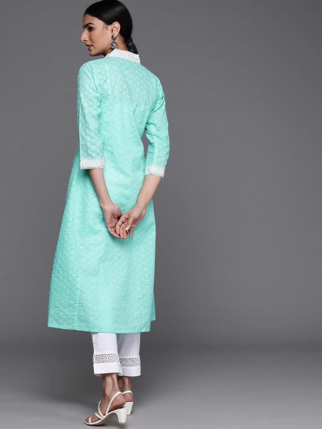 Turquoise Blue Embroidered Cotton Kurta