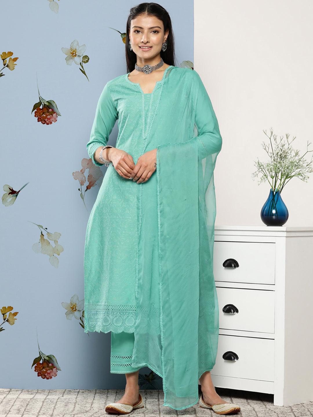 Turquoise Blue Embroidered Cotton Suit Set With Trousers