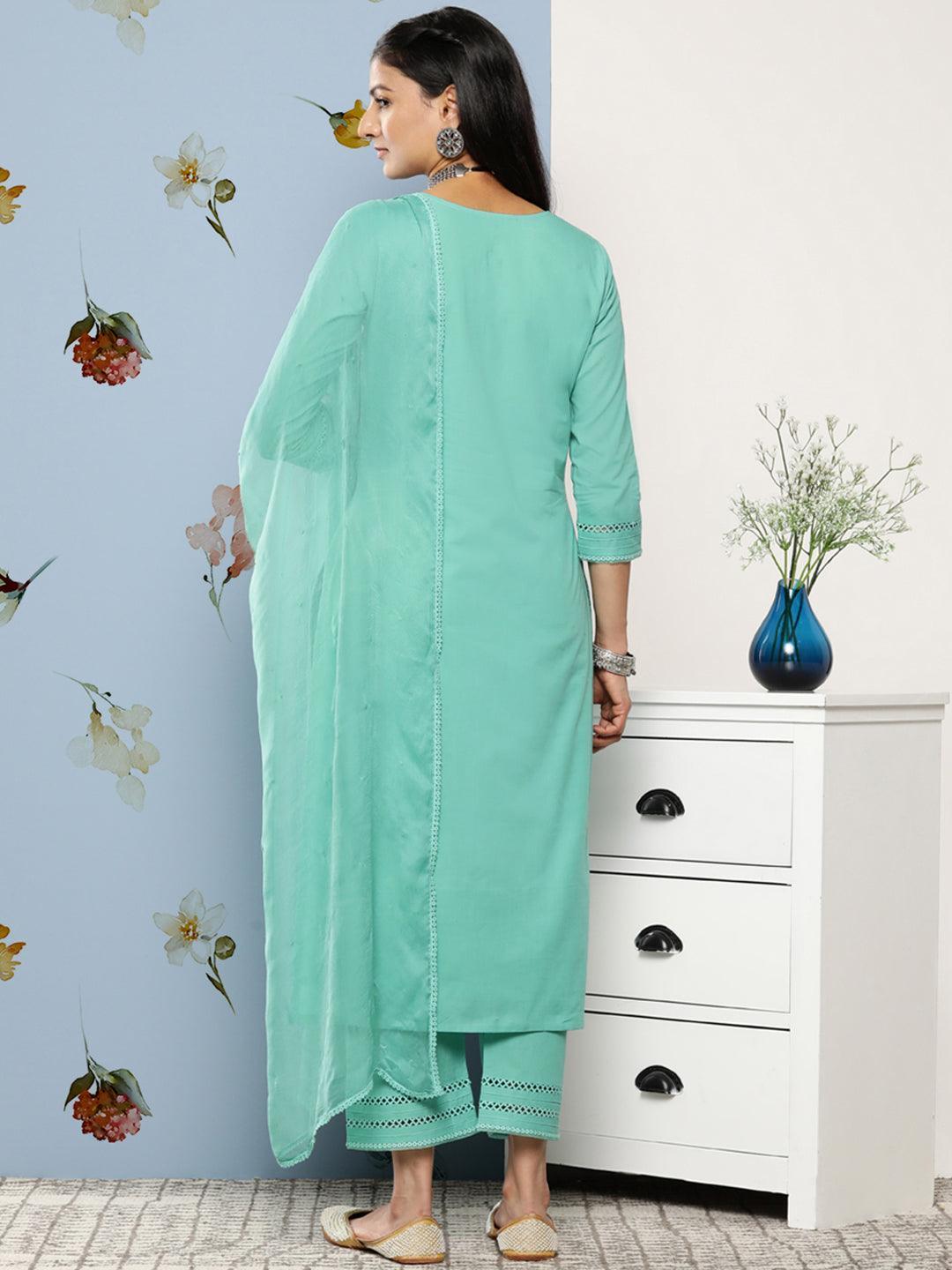 Turquoise Blue Embroidered Cotton Suit Set With Trousers