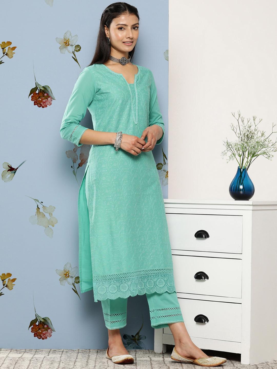 Turquoise Blue Embroidered Cotton Suit Set With Trousers