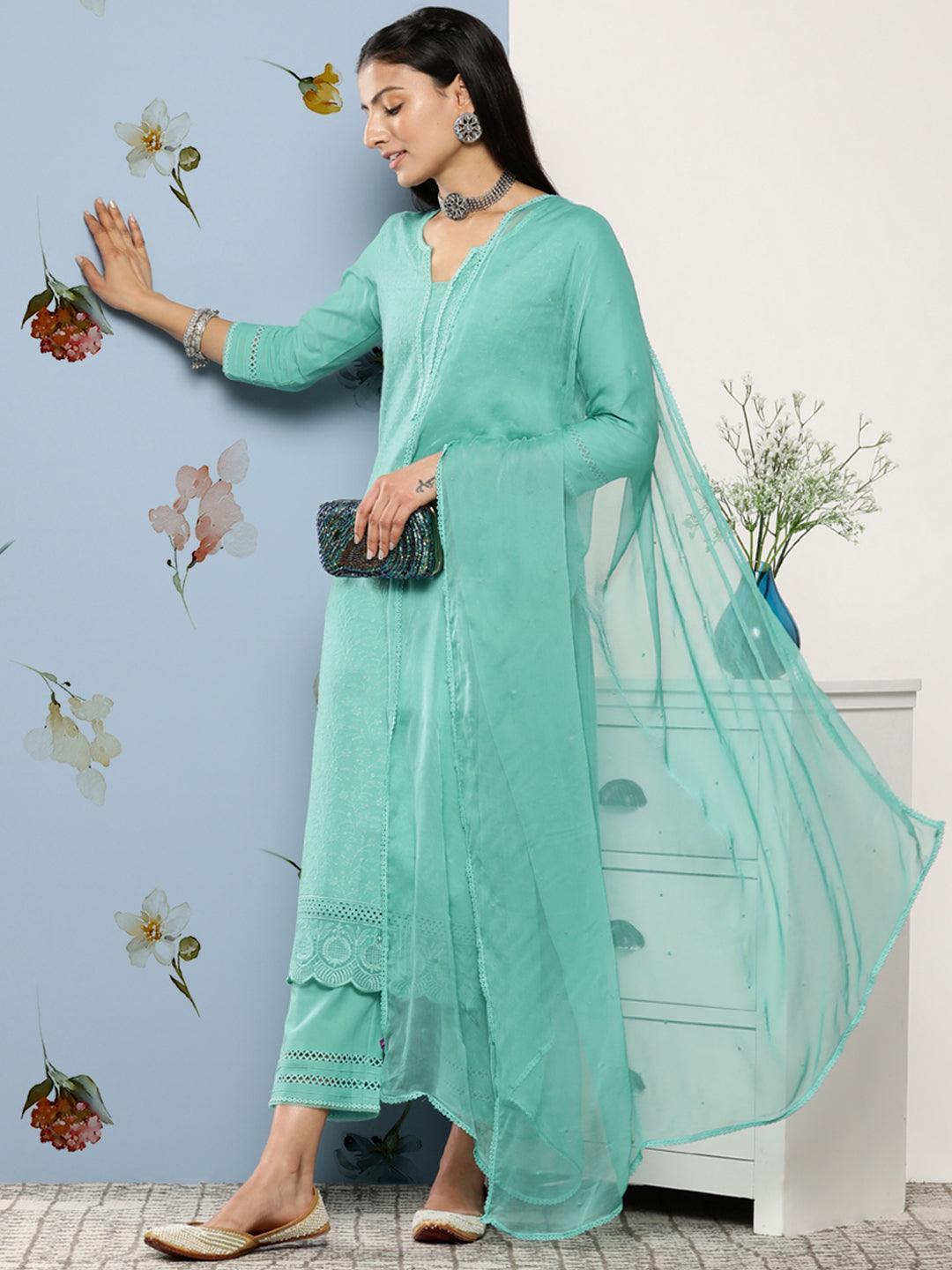 Turquoise Blue Embroidered Cotton Suit Set With Trousers