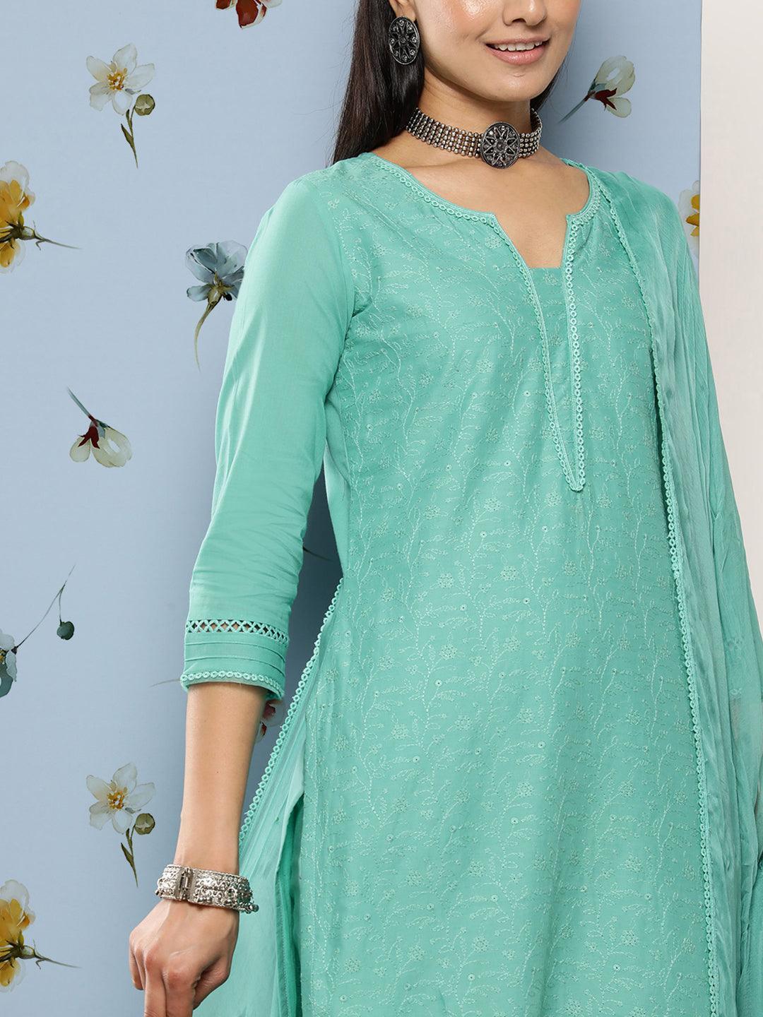 Turquoise Blue Embroidered Cotton Suit Set With Trousers