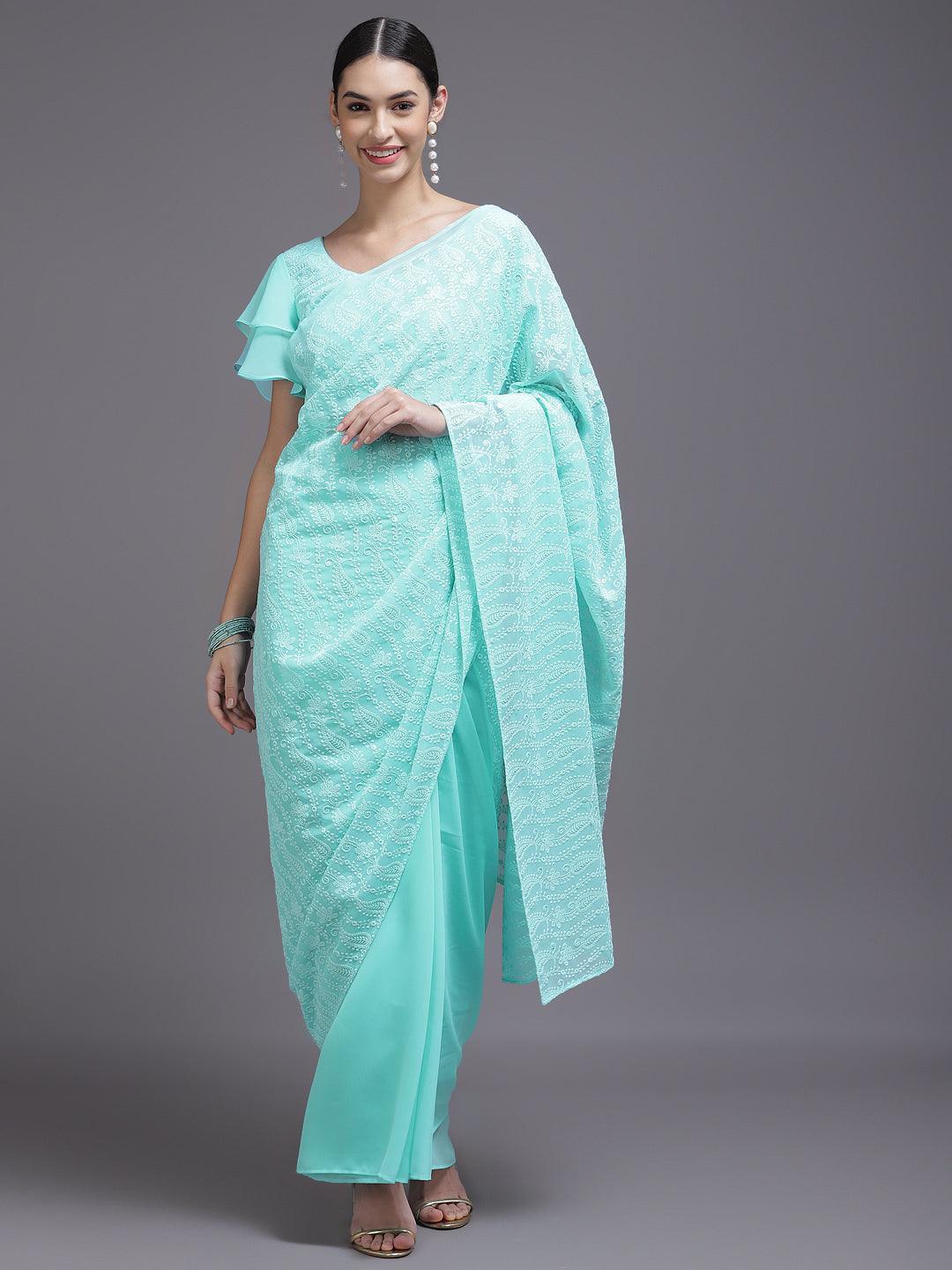 Turquoise Blue Embroidered Georgette Saree