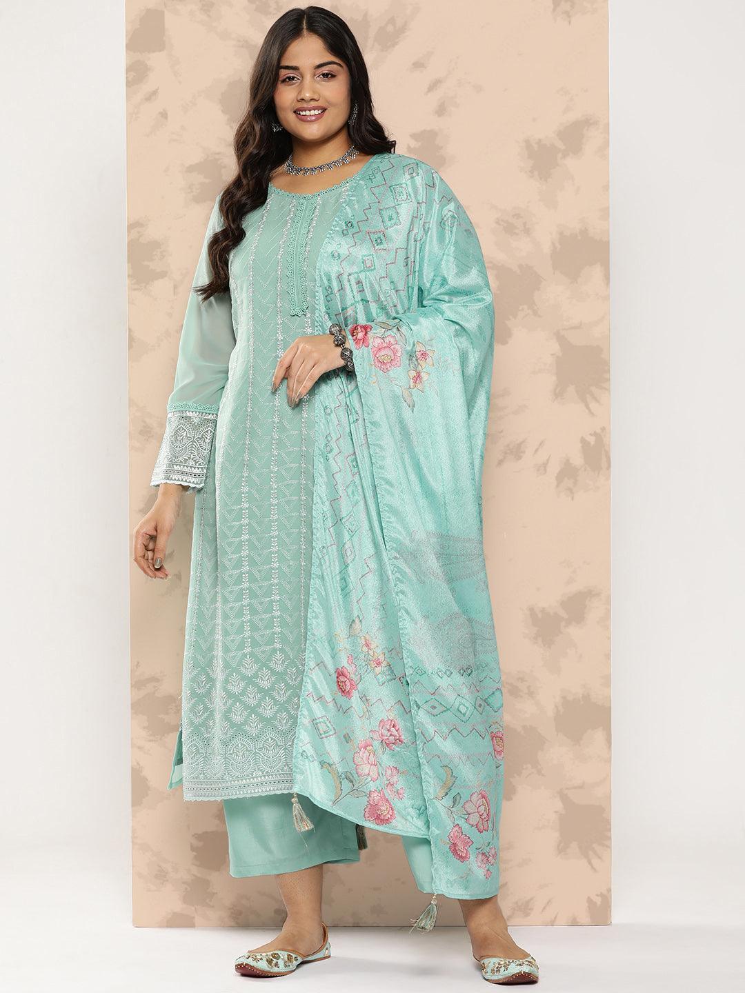 Turquoise Blue Embroidered Georgette Straight Kurta With Trousers and Dupatta