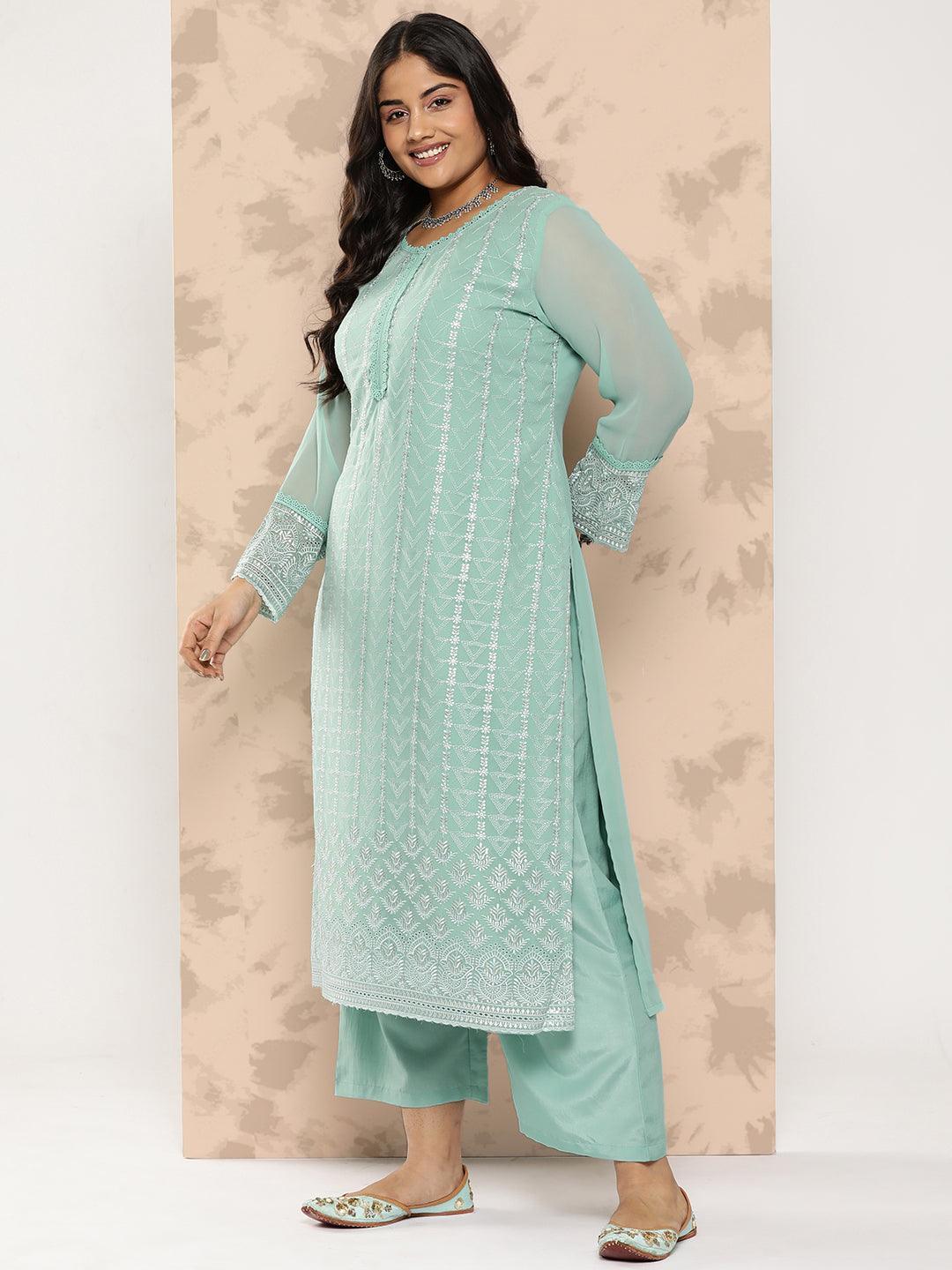 Turquoise Blue Embroidered Georgette Straight Kurta With Trousers and Dupatta