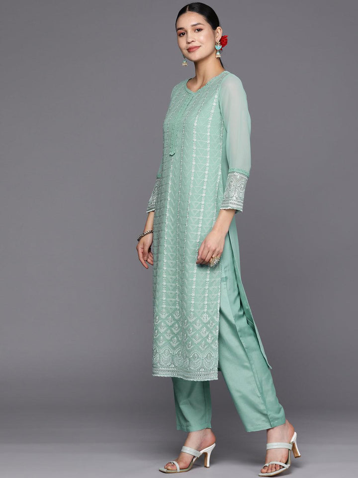 Turquoise Blue Embroidered Georgette Straight Suit Set With Trousers - ShopLibas