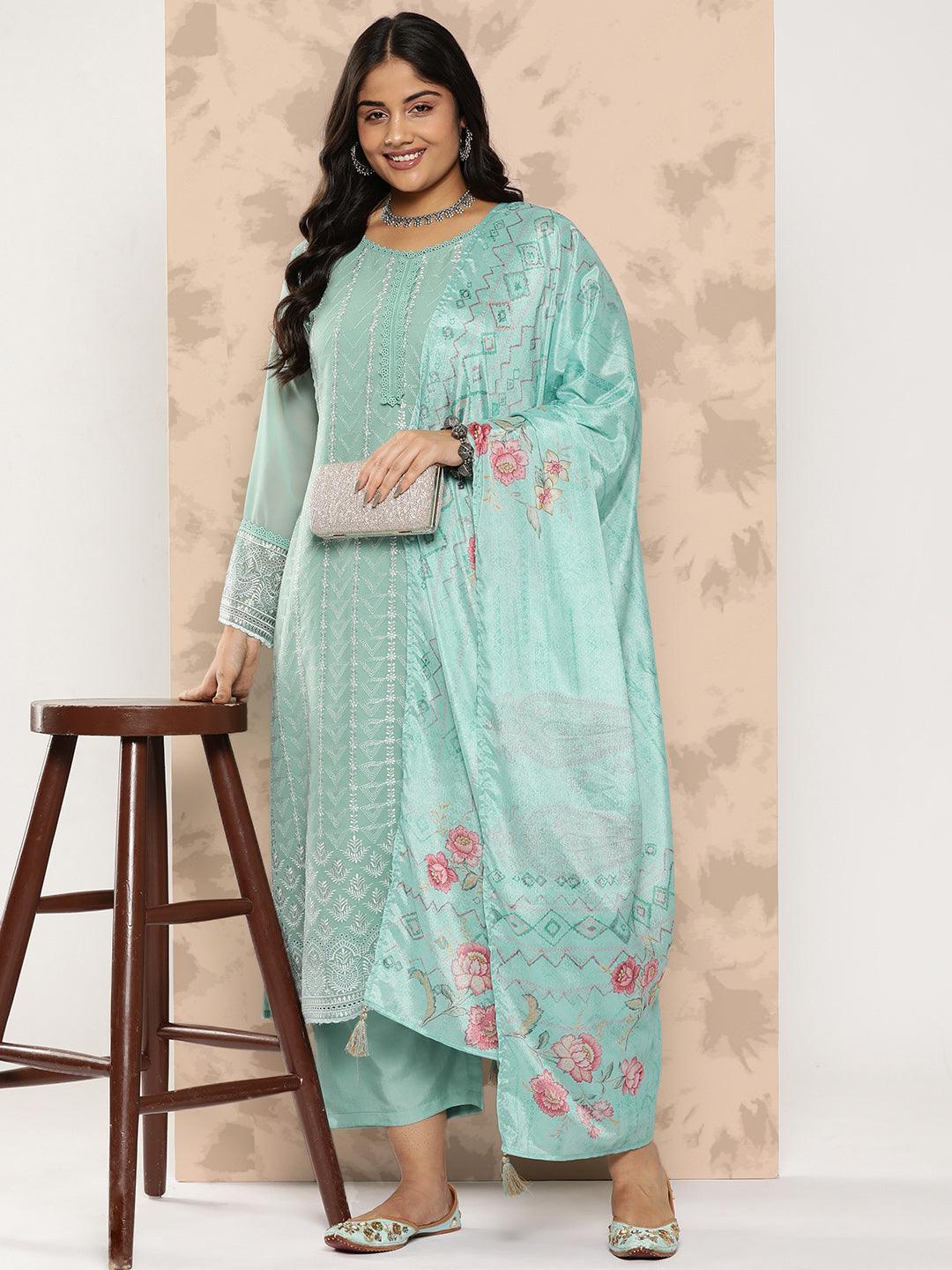 Turquoise Blue Embroidered Georgette Straight Kurta With Trousers and Dupatta