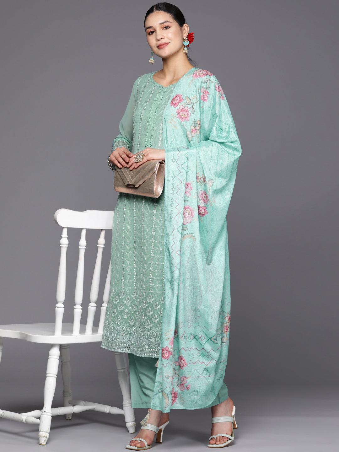 Turquoise Blue Embroidered Georgette Straight Suit Set With Trousers - ShopLibas