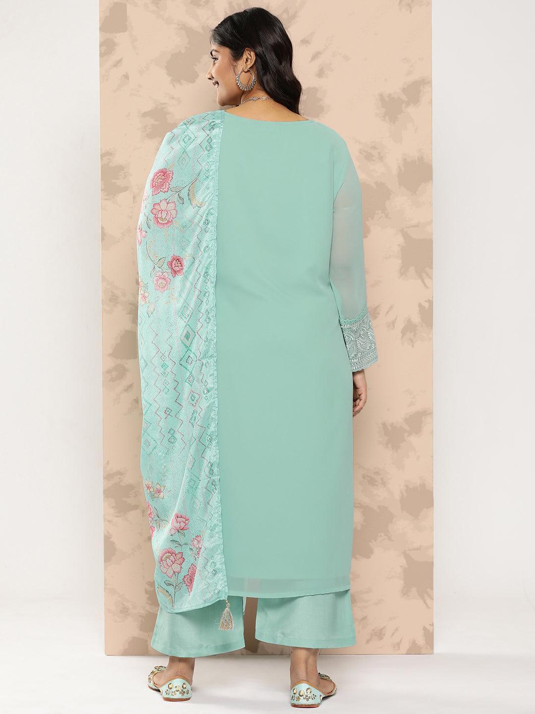 Turquoise Blue Embroidered Georgette Straight Kurta With Trousers and Dupatta