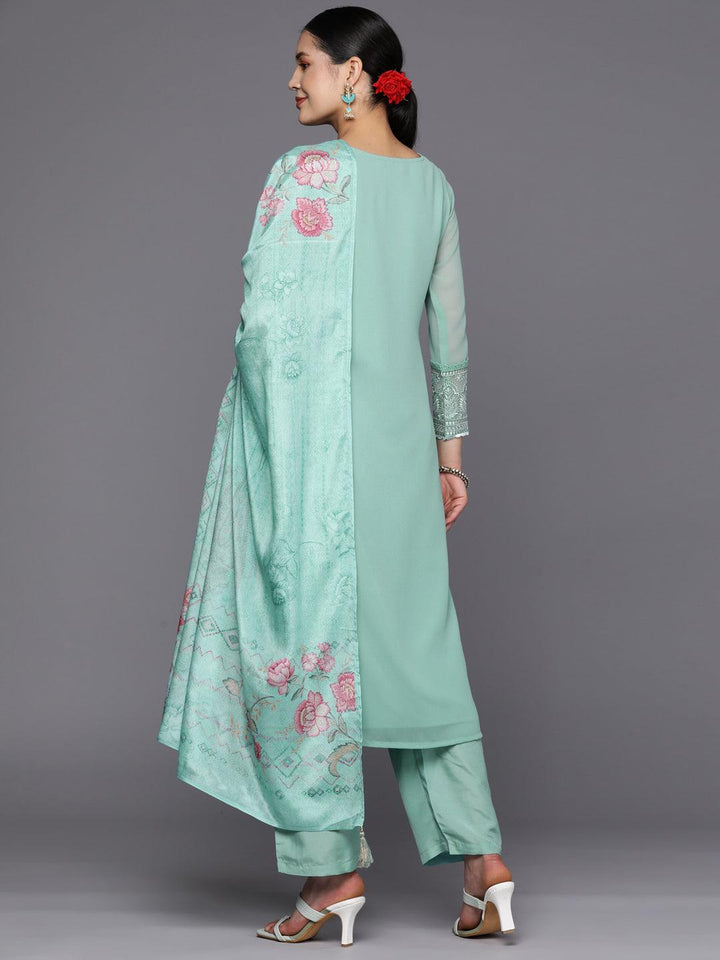 Turquoise Blue Embroidered Georgette Straight Suit Set With Trousers - ShopLibas