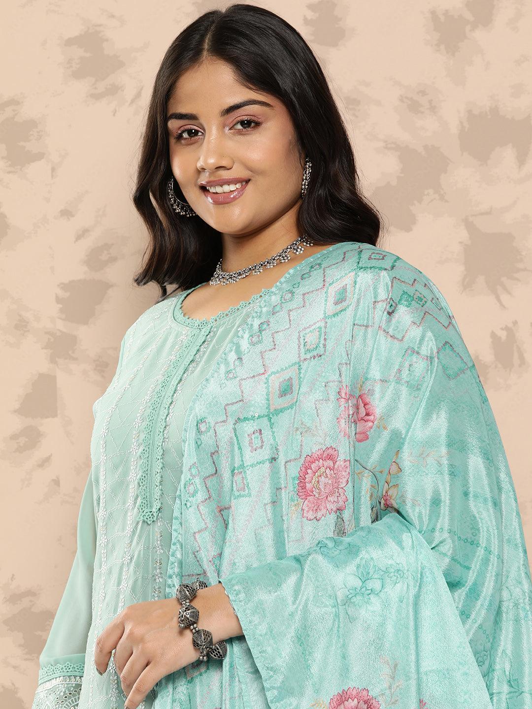 Turquoise Blue Embroidered Georgette Straight Kurta With Trousers and Dupatta