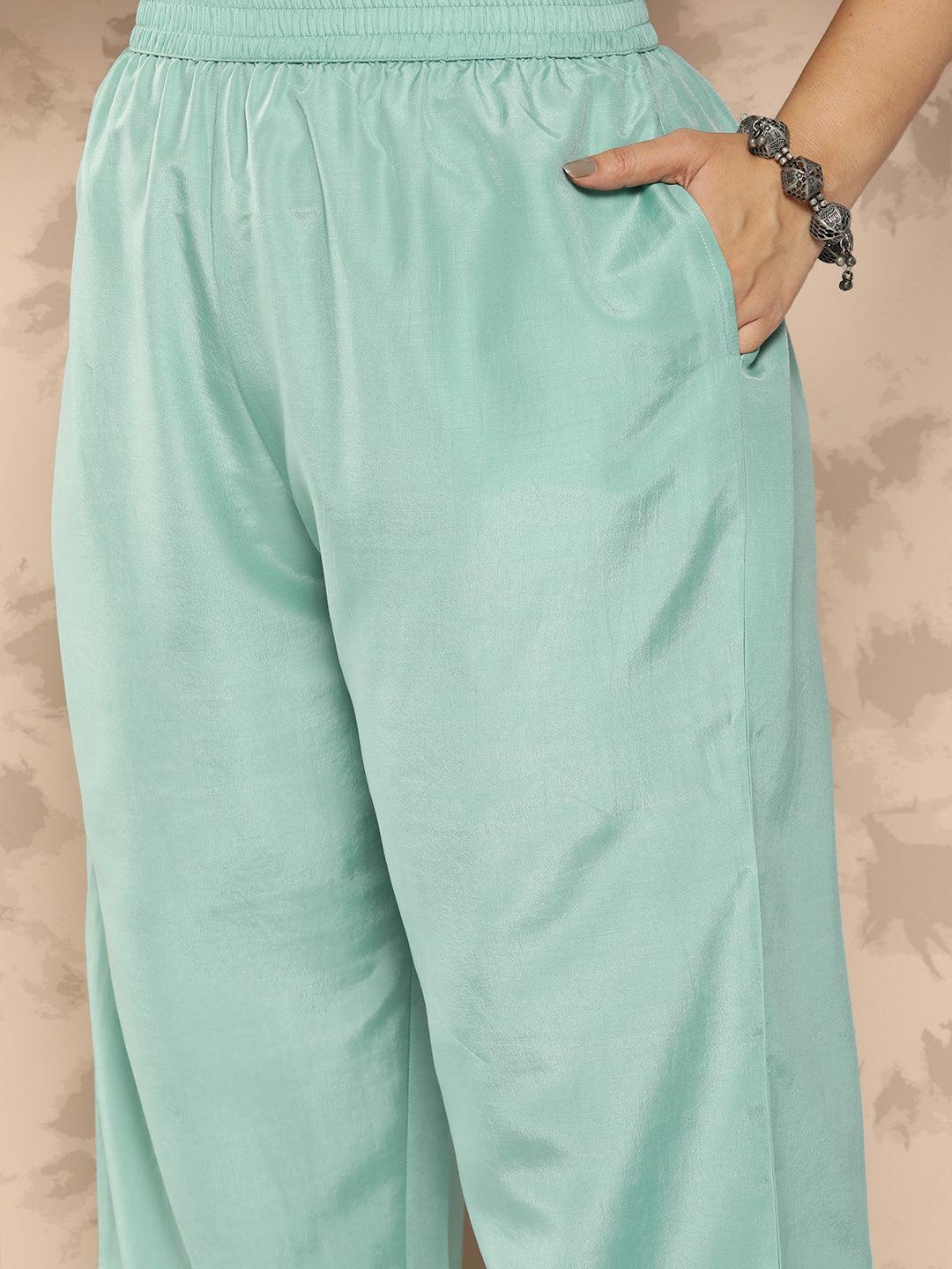 Turquoise Blue Embroidered Georgette Straight Kurta With Trousers and Dupatta