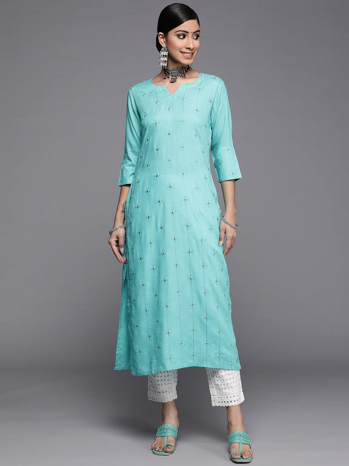 Turquoise Blue Embroidered Rayon Kurta - ShopLibas