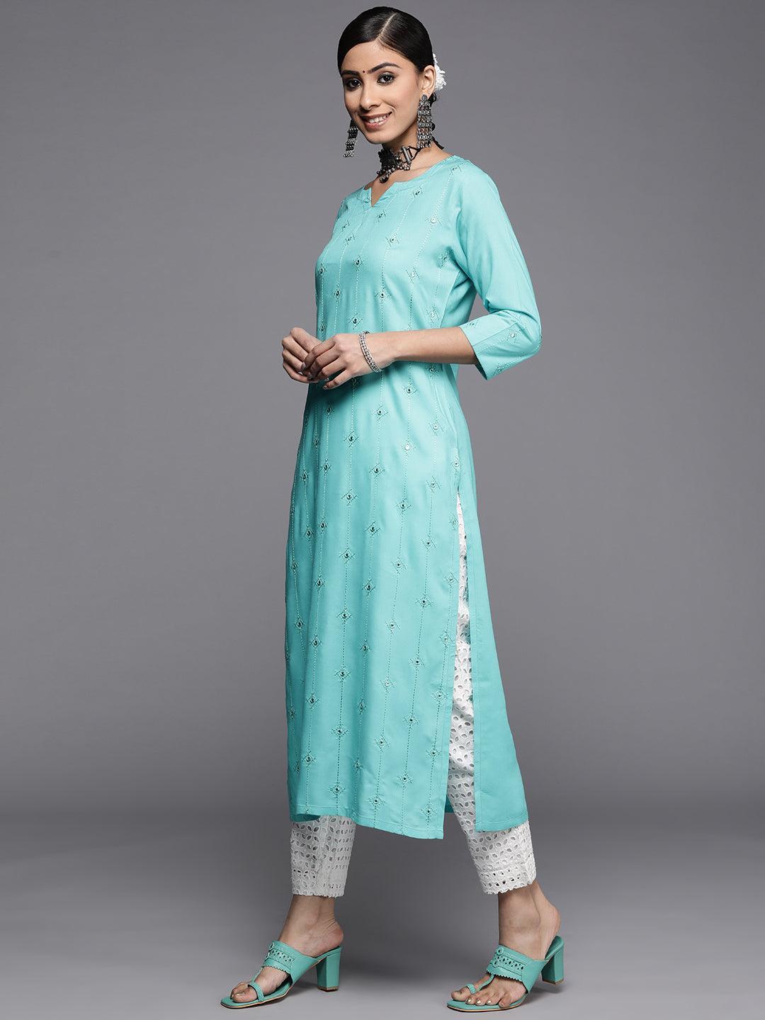 Turquoise Blue Embroidered Rayon Kurta - ShopLibas