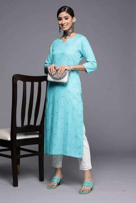 Turquoise Blue Embroidered Rayon Kurta - ShopLibas