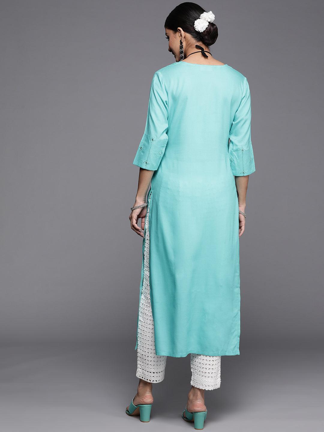 Turquoise Blue Embroidered Rayon Kurta - ShopLibas