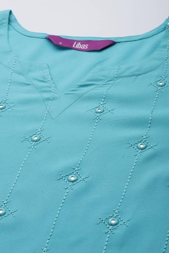 Turquoise Blue Embroidered Rayon Kurta - ShopLibas