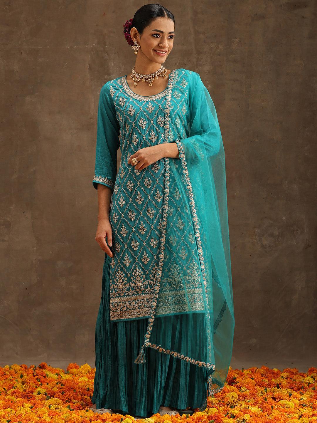 Turquoise Blue Embroidered Silk Blend Straight Suit Set With Sharara - ShopLibas