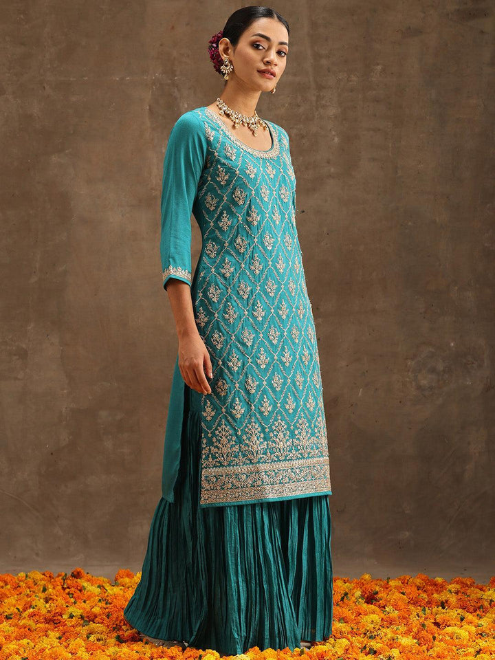 Turquoise Blue Embroidered Silk Blend Straight Suit Set With Sharara - ShopLibas