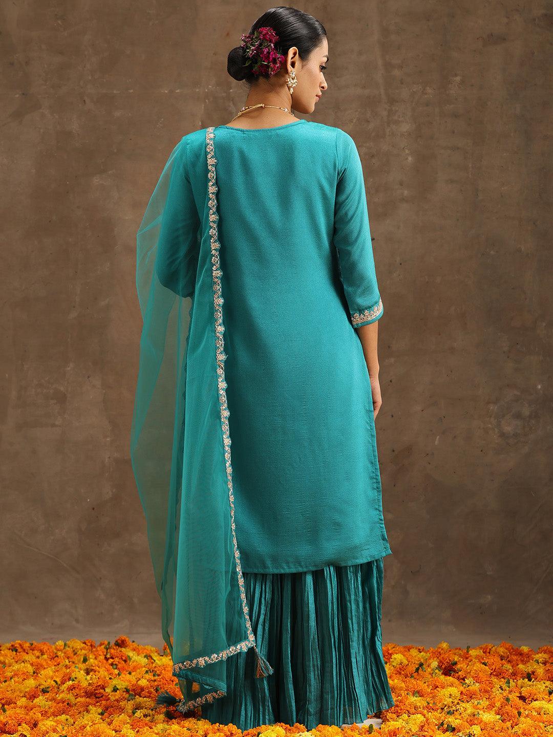 Turquoise Blue Embroidered Silk Blend Straight Suit Set With Sharara - ShopLibas