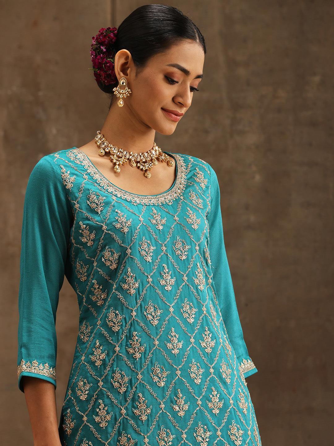 Turquoise Blue Embroidered Silk Blend Straight Suit Set With Sharara - ShopLibas