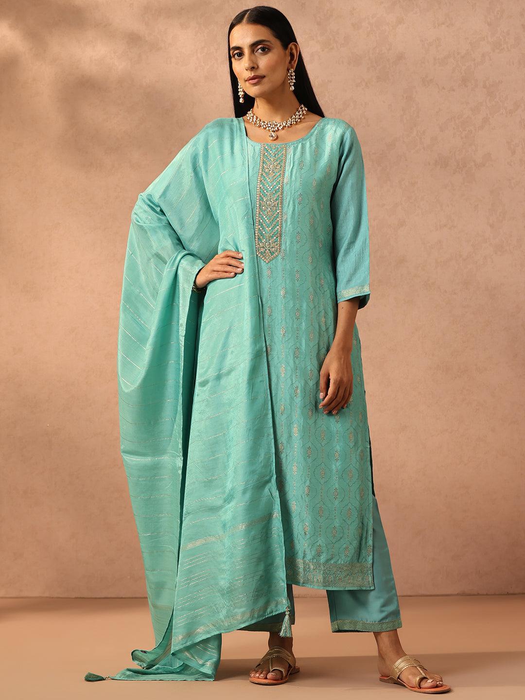 Turquoise Blue Embroidered Silk Blend Suit Set With Trousers