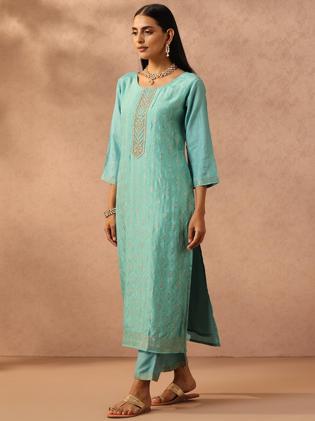 Turquoise Blue Embroidered Silk Blend Suit Set With Trousers