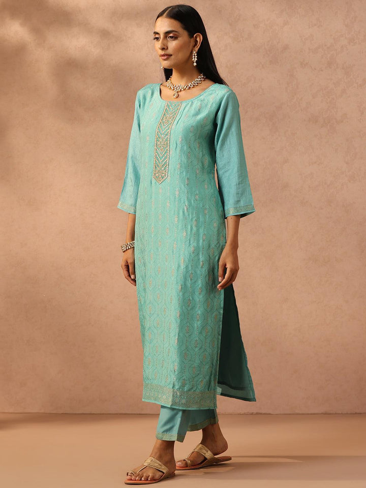 Turquoise Blue Embroidered Silk Blend Suit Set With Trousers - ShopLibas