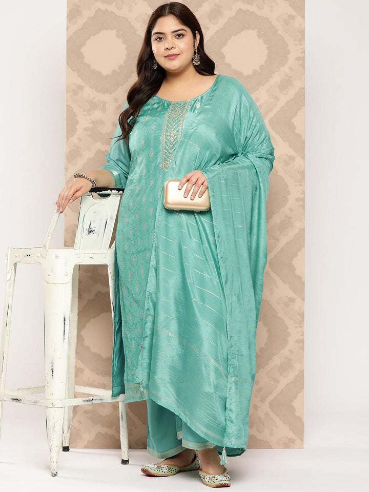 Turquoise Blue Embroidered Silk Blend Straight Kurta With Trousers and Dupatta - Libas