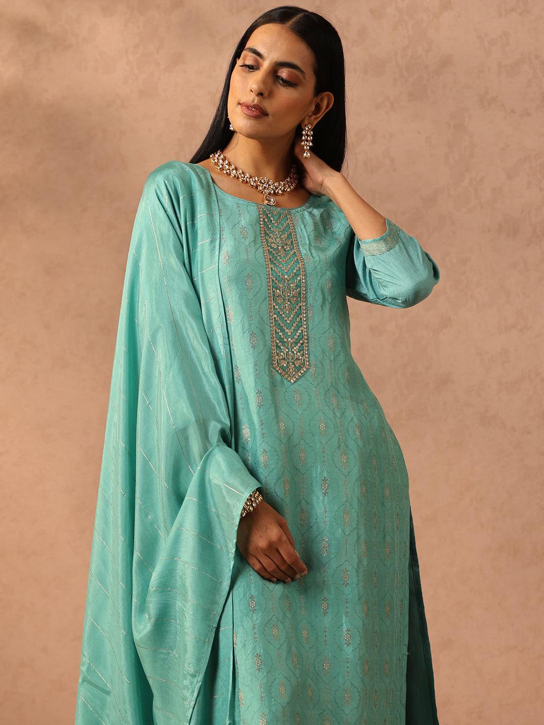 Turquoise Blue Embroidered Silk Blend Suit Set With Trousers