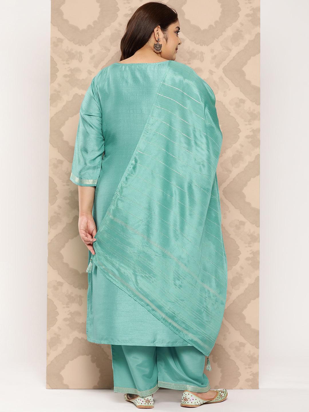 Turquoise Blue Embroidered Silk Blend Straight Kurta With Trousers and Dupatta - Libas