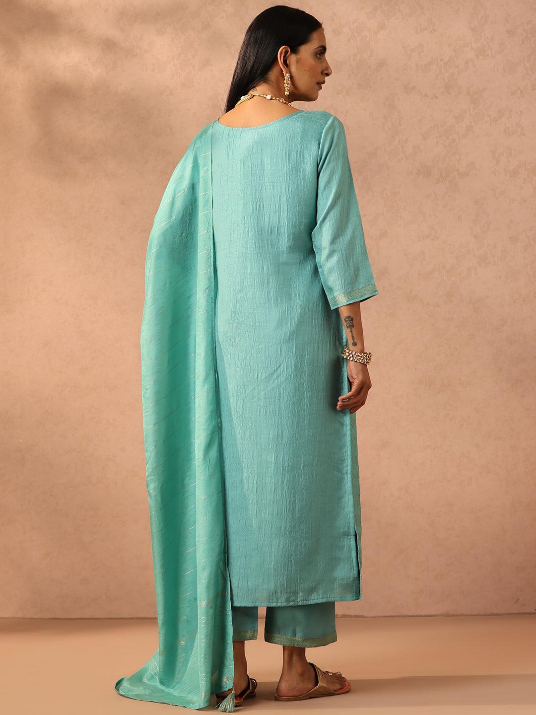 Turquoise Blue Embroidered Silk Blend Suit Set With Trousers