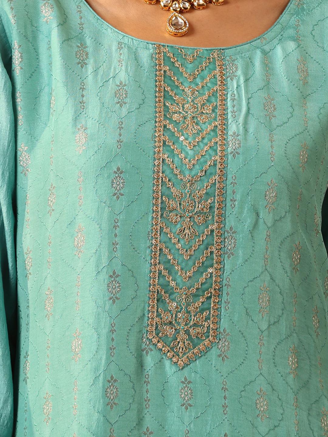 Turquoise Blue Embroidered Silk Blend Suit Set With Trousers