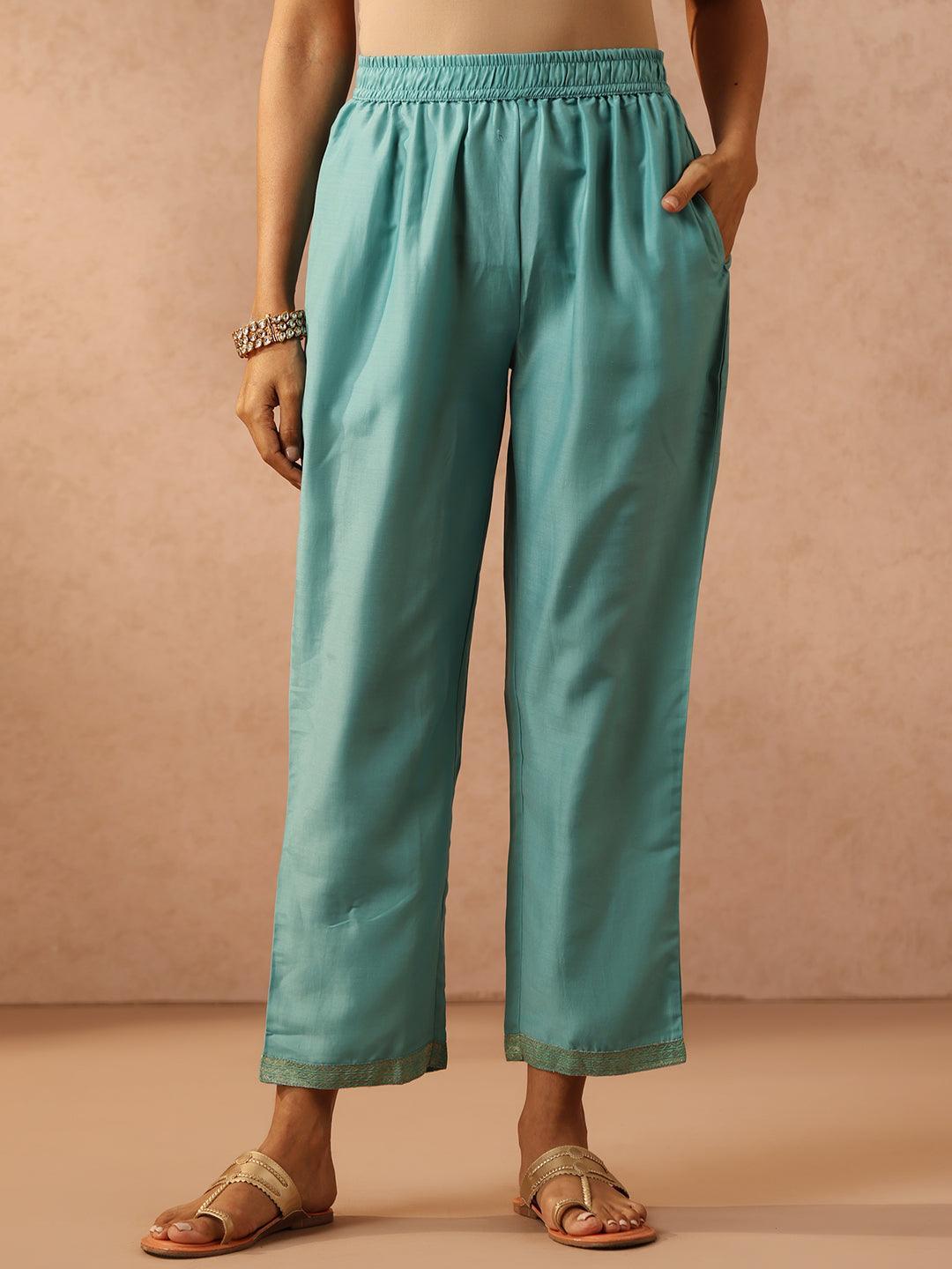 Turquoise Blue Embroidered Silk Blend Suit Set With Trousers