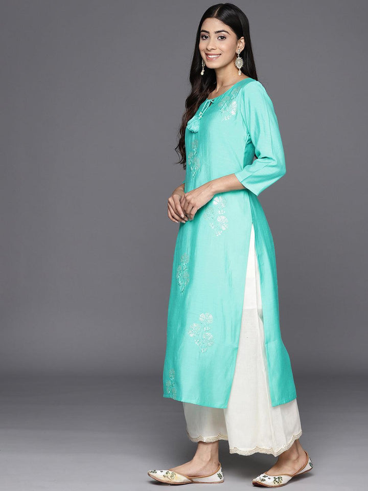 Turquoise Blue Embroidered Silk Straight Kurta - Libas