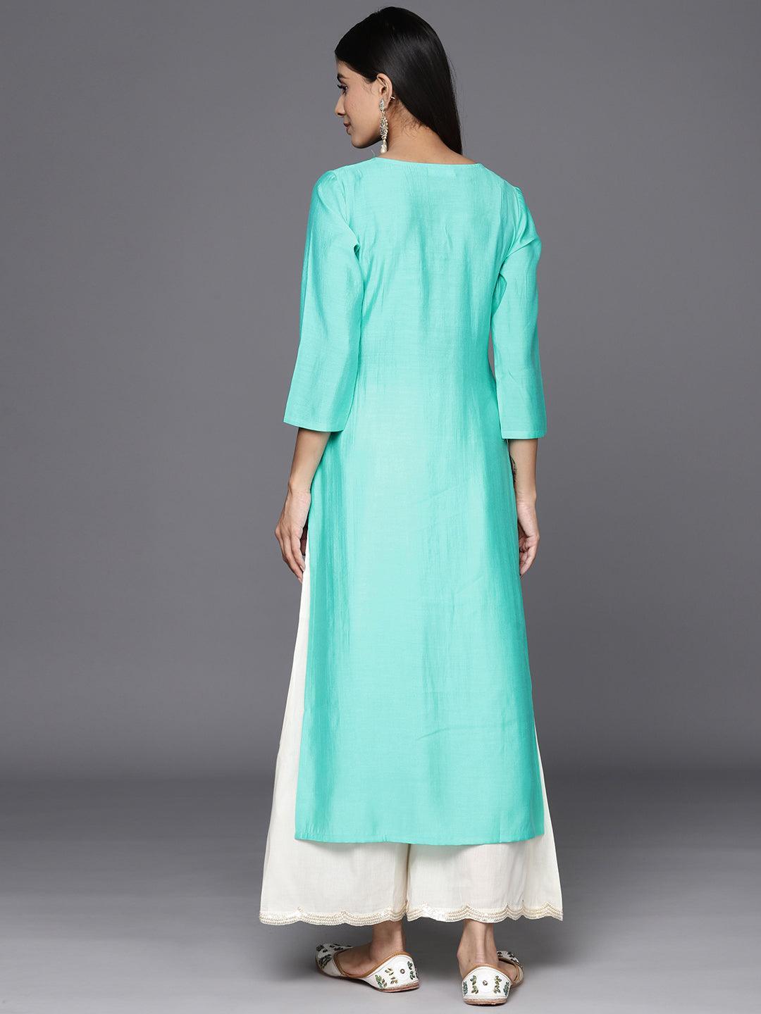 Turquoise Blue Embroidered Silk Straight Kurta - Libas