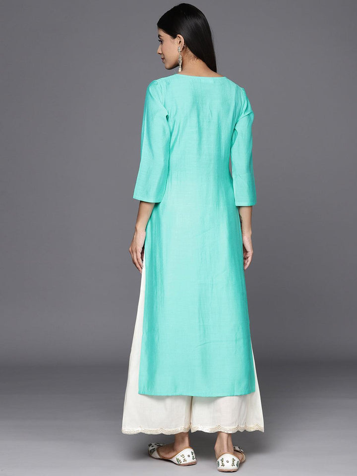 Turquoise Blue Embroidered Silk Straight Kurta - Libas