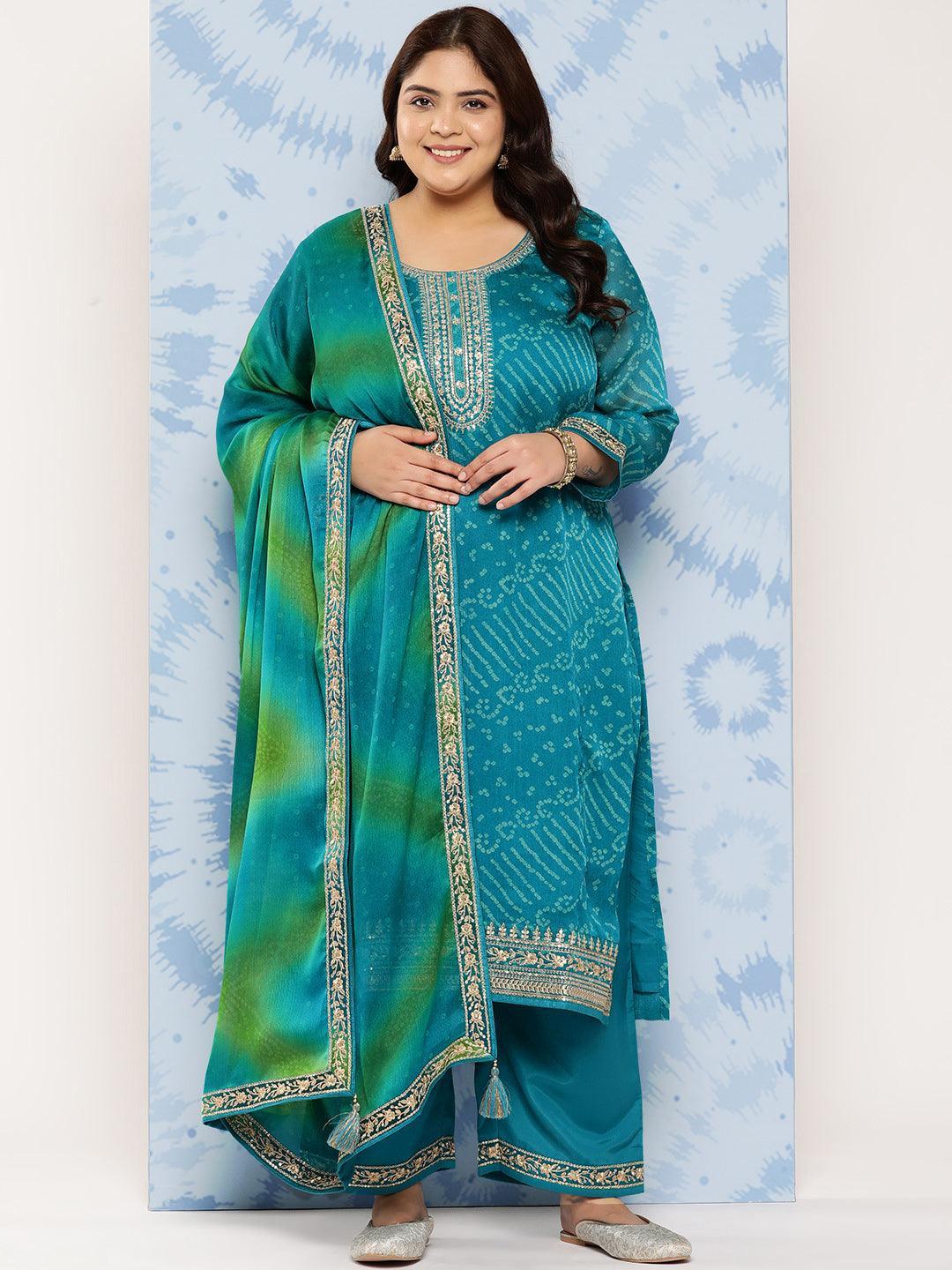 Turquoise Blue Printed Chiffon Straight Kurta With Trousers and Dupatta